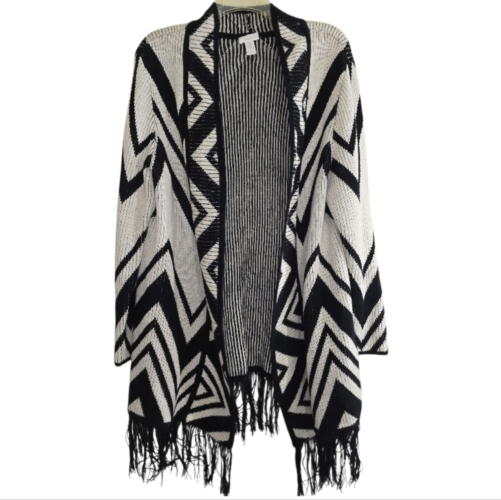 Chico's Ribbed Geometric Southwest Cardigan Sweater XL Black White Fringe Hem